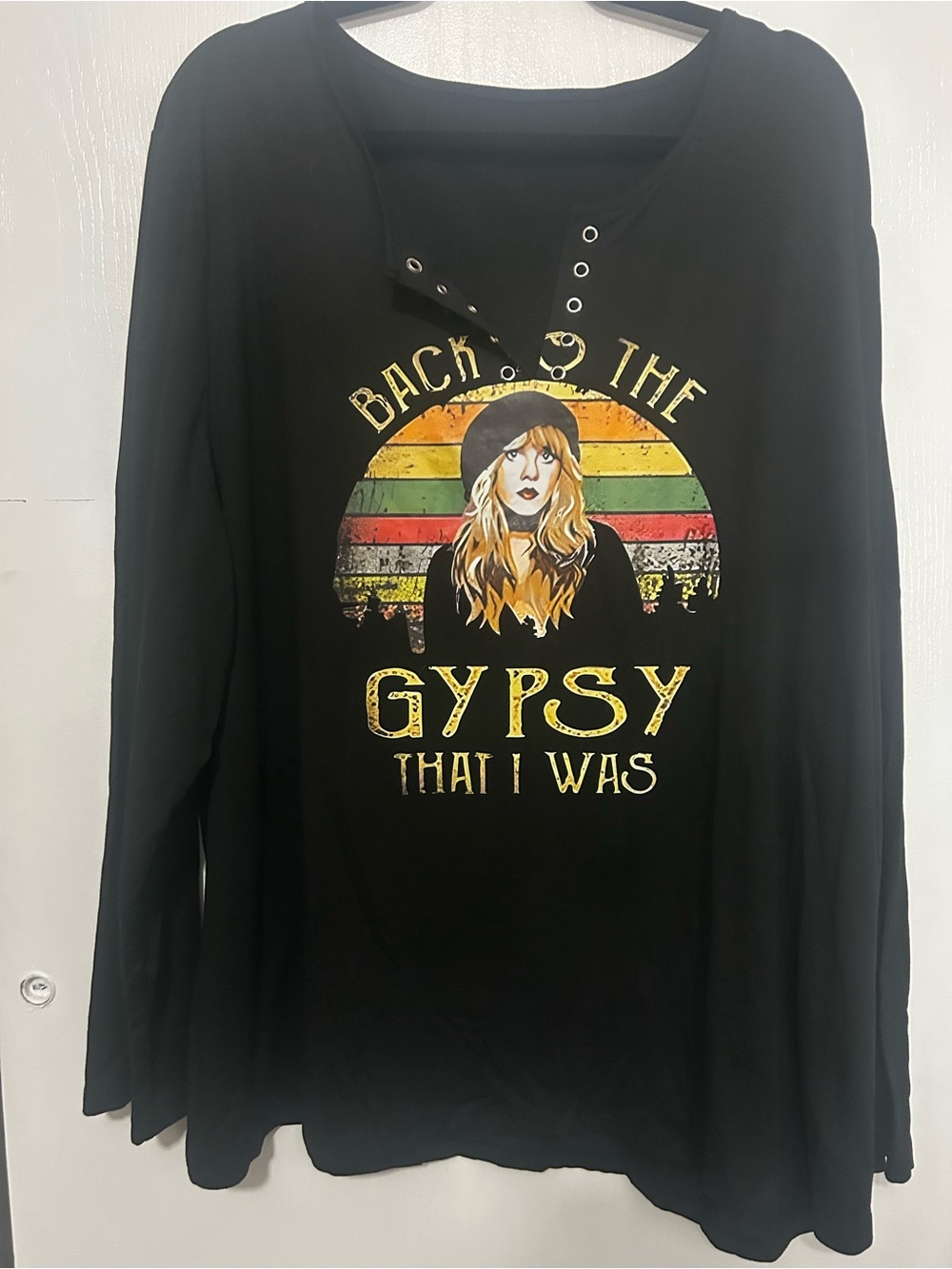 Black Graphic Lace-Up Neck Long-Sleeve Tee - Vintage Retro Print